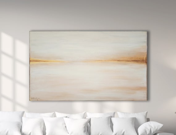 ORIGINAL WHITE GOLD Abstract Seascape Painting, Minimalist Painting, Beige Abstract, White Gold Painting