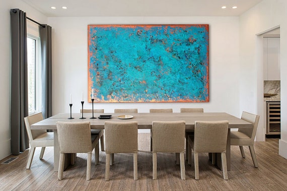 Original ABSTRACT PAINTING XLarge Canvas Art Turquoise Abstract Wall Art Minimalist Art Blue Green Abstract Industrial Art Minimalist Art