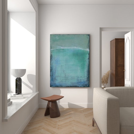 ORIGINAL BLUE GREEN Abstract, Minimalist Painting, Green Blue Abstract Seascape Acrylic Painting
