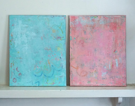 Original Abstract Painting Diptych, Pink, Blue, Green Abstract Art