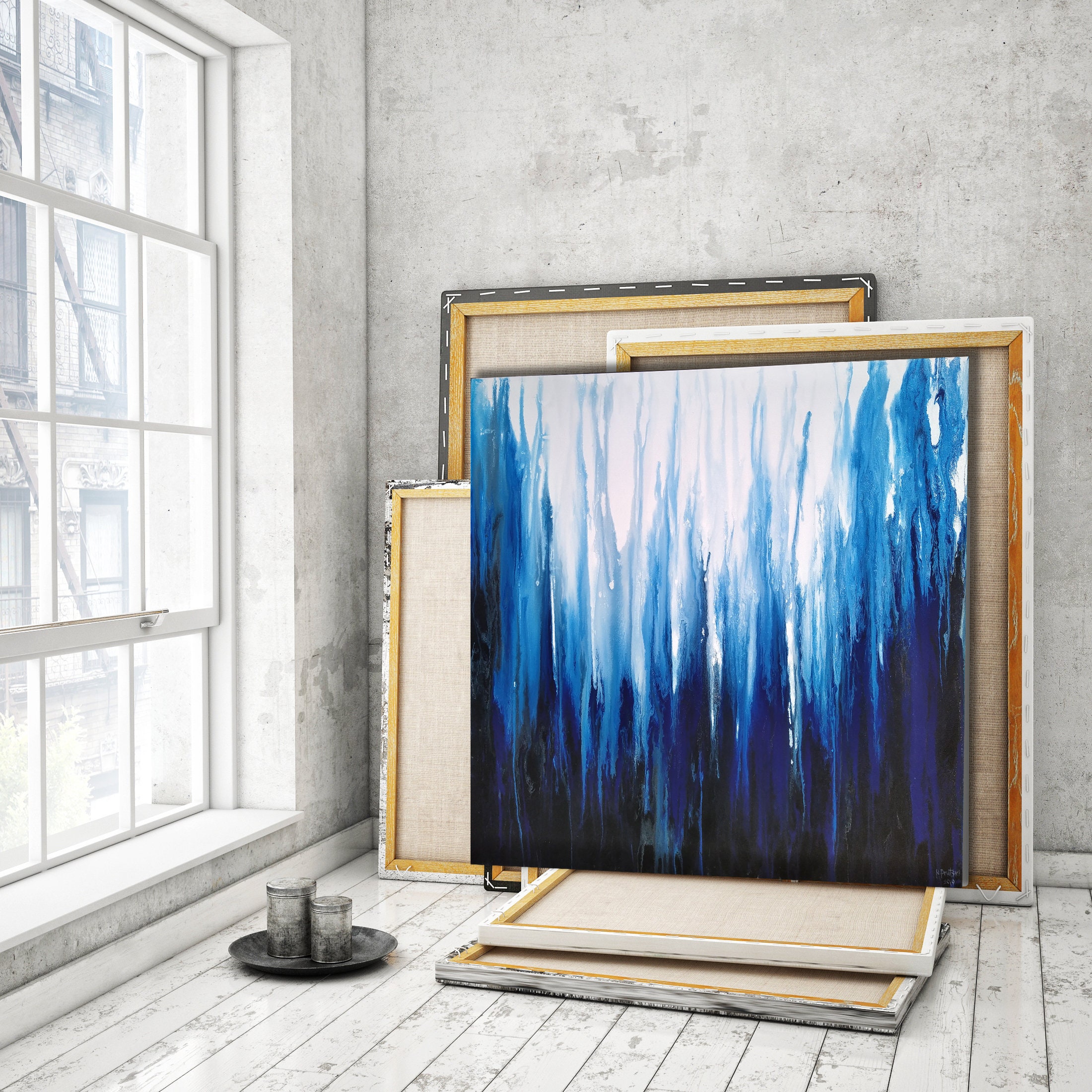 48x48 framed in a silver floater frame ORIGINAL Indigo Blue