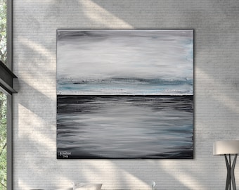 XLarge Abstract Seascape Painting: Indigo & Gray Acrylic Canvas Art
