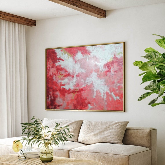 ORIGINAL PINK ABSTRACT, Minimalist Painting, Pink Red Abstract Acrylic Painting, Cloudy Pink