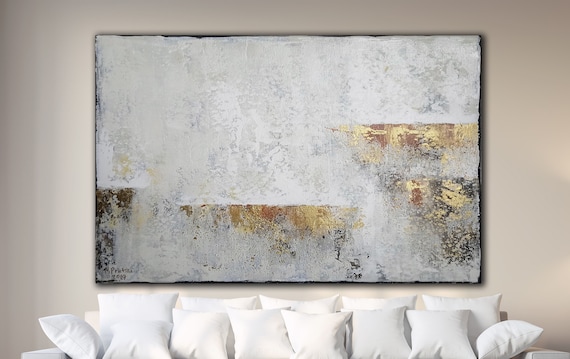 ORIGINAL ABSTRACT PAINTING XLarge Canvas Art Minimalist Painting Abstract Beige Abstract White Gold Abstract Industrial Art Custom Painting