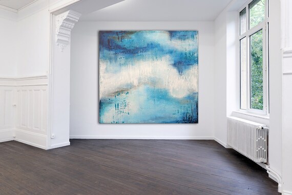 ORIGINAL ABSTRACT PAINTING XLarge Canvas Art Minimalist Painting Turquoise Blue Abstract Acrylic Painting Modern Art Industrial CustomArt