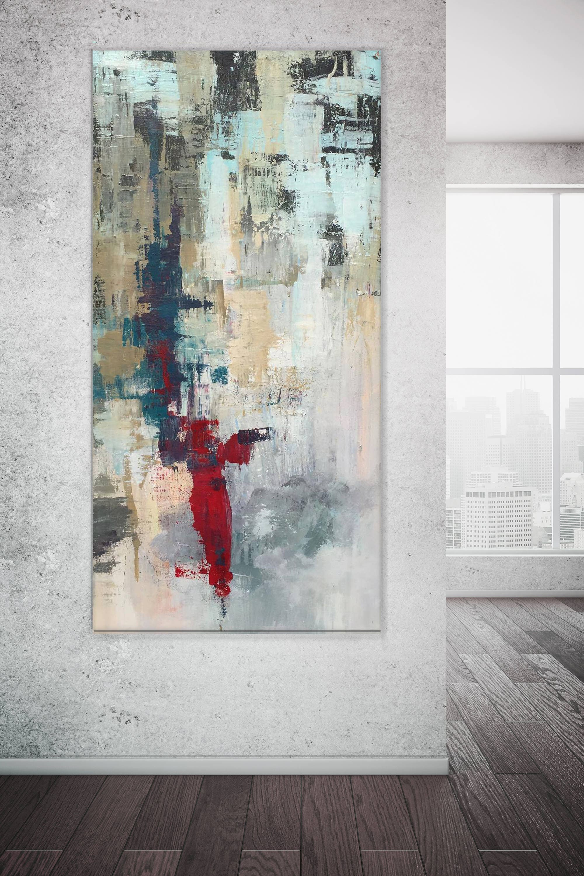 Original ABSTRACT PAINTING 24X48 in. Canvas Art Light Abstarct Original