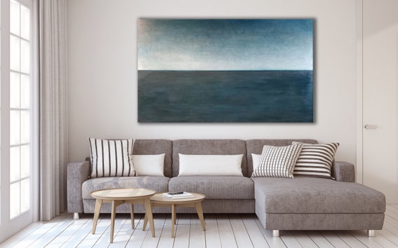 Panoramic Abstract Painting XLarge Canvas Art Minimalist Art Black White Blue Gray Abstract Lanscape Original Art Seascape Custom Painting