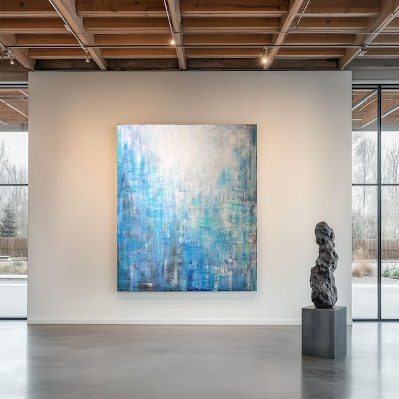 XLarge Turquoise Blue Abstract Painting, Textured Industrial Canvas Art