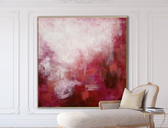ORIGINAL PINK RED Abstract Painting, Minimalist Art, 48"x48" Large Canvas Art