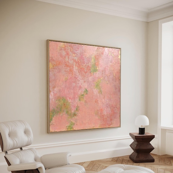 ORIGINAL PINK GREEN Abstract, Minimalist Painting, Green Pink Abstract Acrylic Painting, Wispy Pink