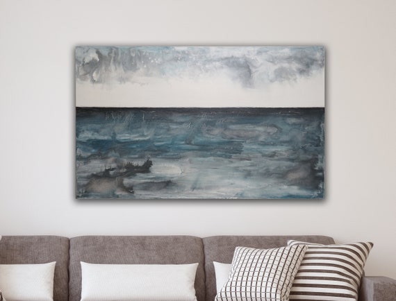 48"x30" ORIGINAL SEASCAPE PAINTING, Gray Abstract Seascape, Minimalist Art, Ready to Ship