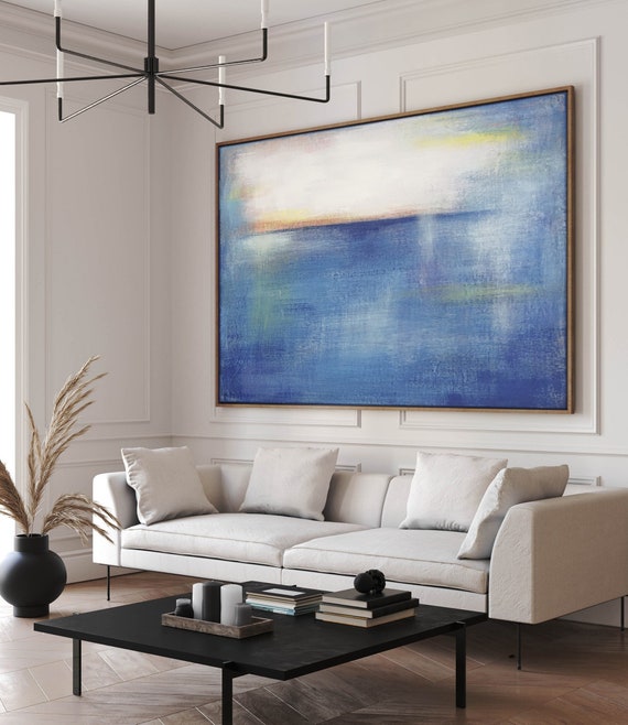 ORIGINAL BLUE ABSTRACT, Minimalist Painting, Blue Yellow Abstract Acrylic Painting, Sunny Day