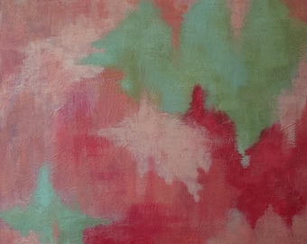 Pintura abstracta rosa rubor, verde, acrílico original sobre lienzo de 40"x40"