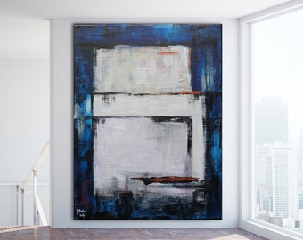 Indigo Abstract Painting, Large Acrylic Canvas Art, Minimalist Decor