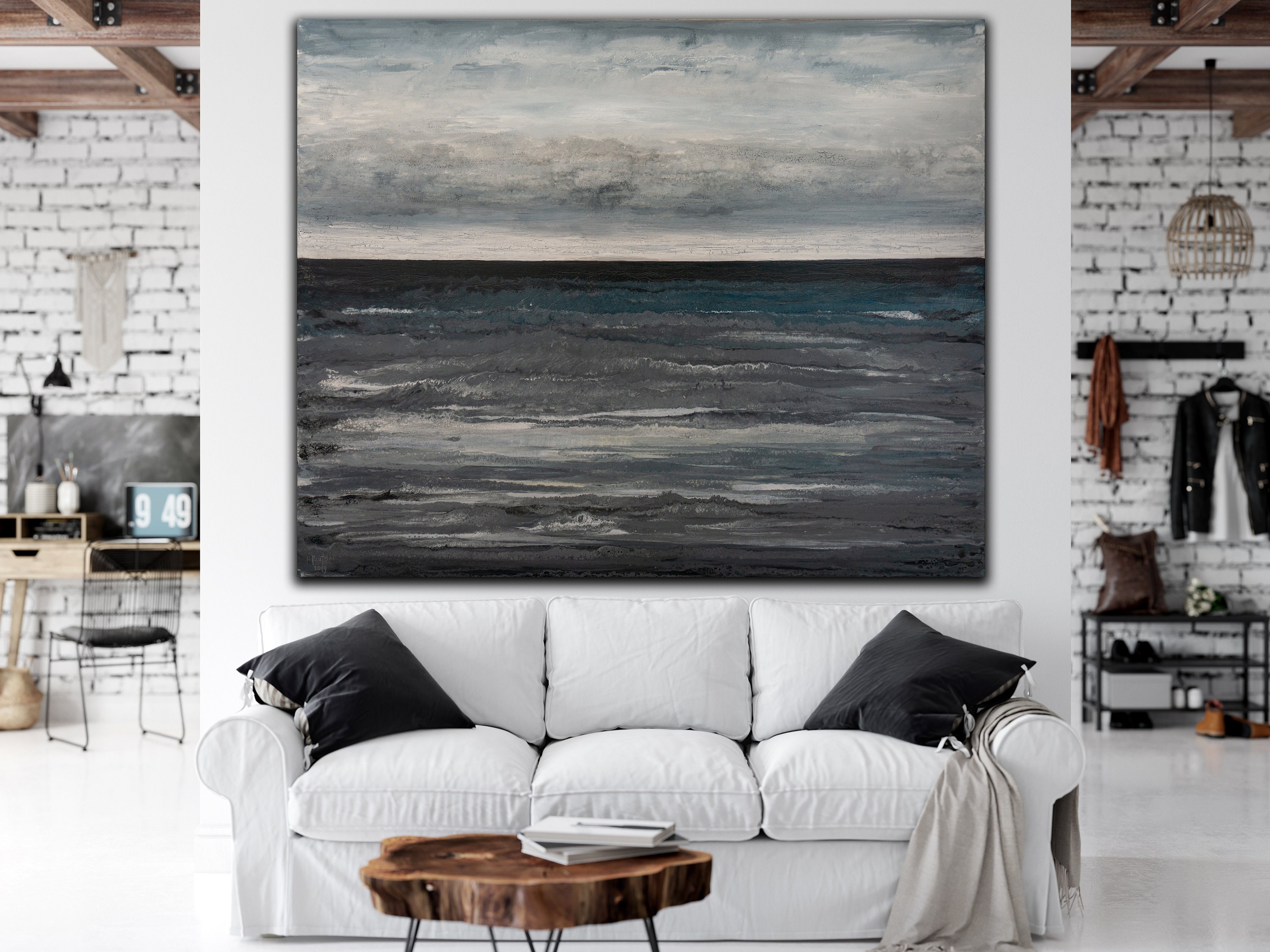 60x48 ORIGINAL SEASCAPE PAINTING Large Canvas Art Gray Abstract