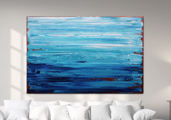 ORIGINAL BLUE ABSTRACT Painting, Minimalist Painting, Abstract Seascape, Original Painting,  XLarge Canvas Art,  Warm Water