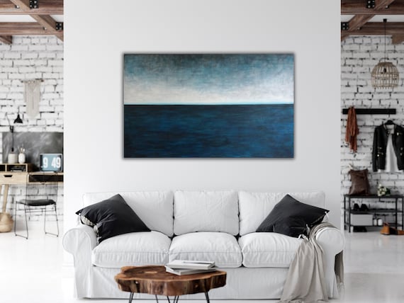 30"x48" ORIGINAL BLUE ABSTRACT Seascape Painting, Minimalist Painting, Ready to ship