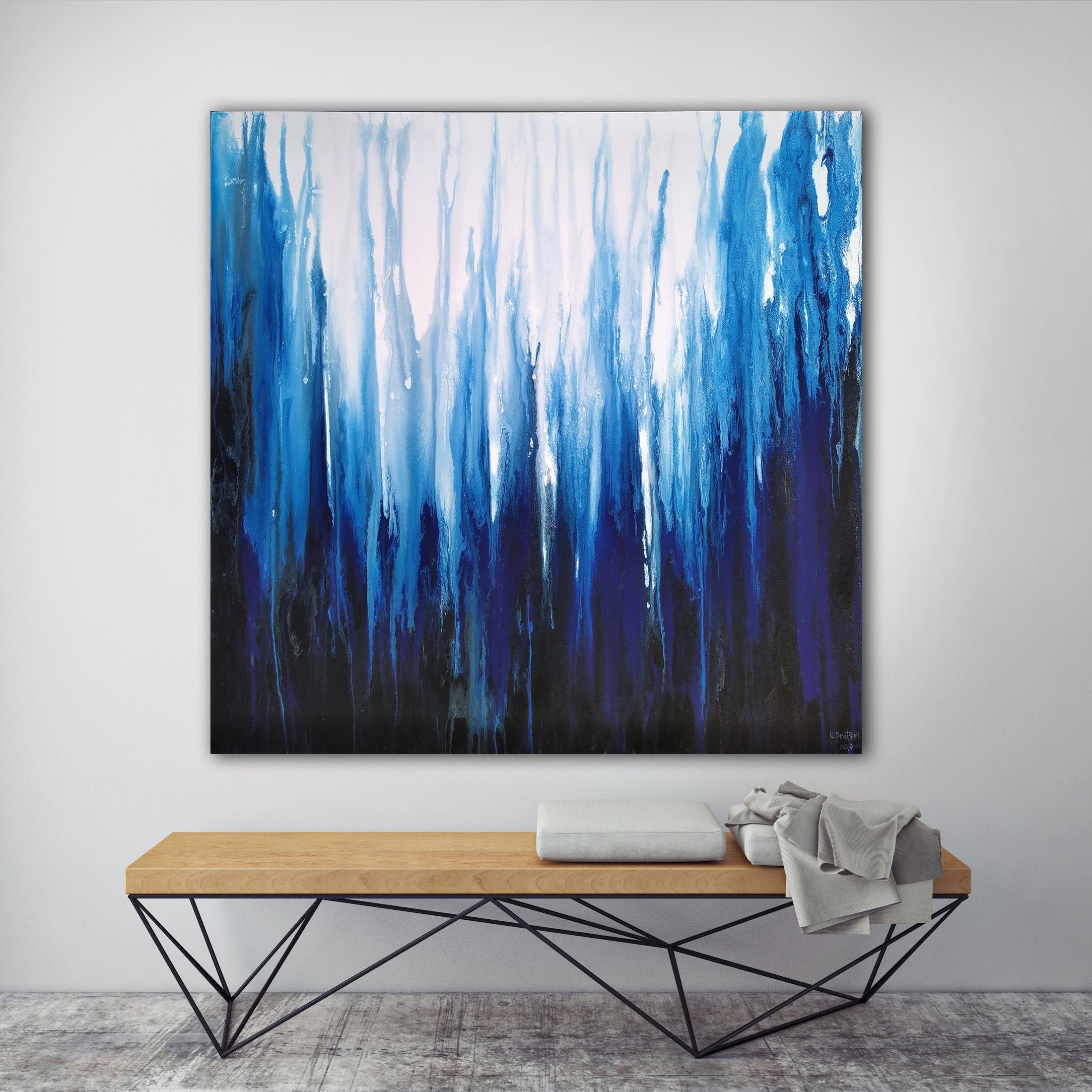 48x48 framed in a silver floater frame ORIGINAL Indigo Blue ABSTRACT