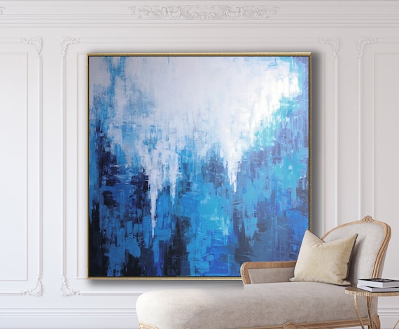 Large Painting on Canvas Original Wall Art White Painting Blue Painting  Contemporary Art Original Painting Canvas Abstract Room Decor 