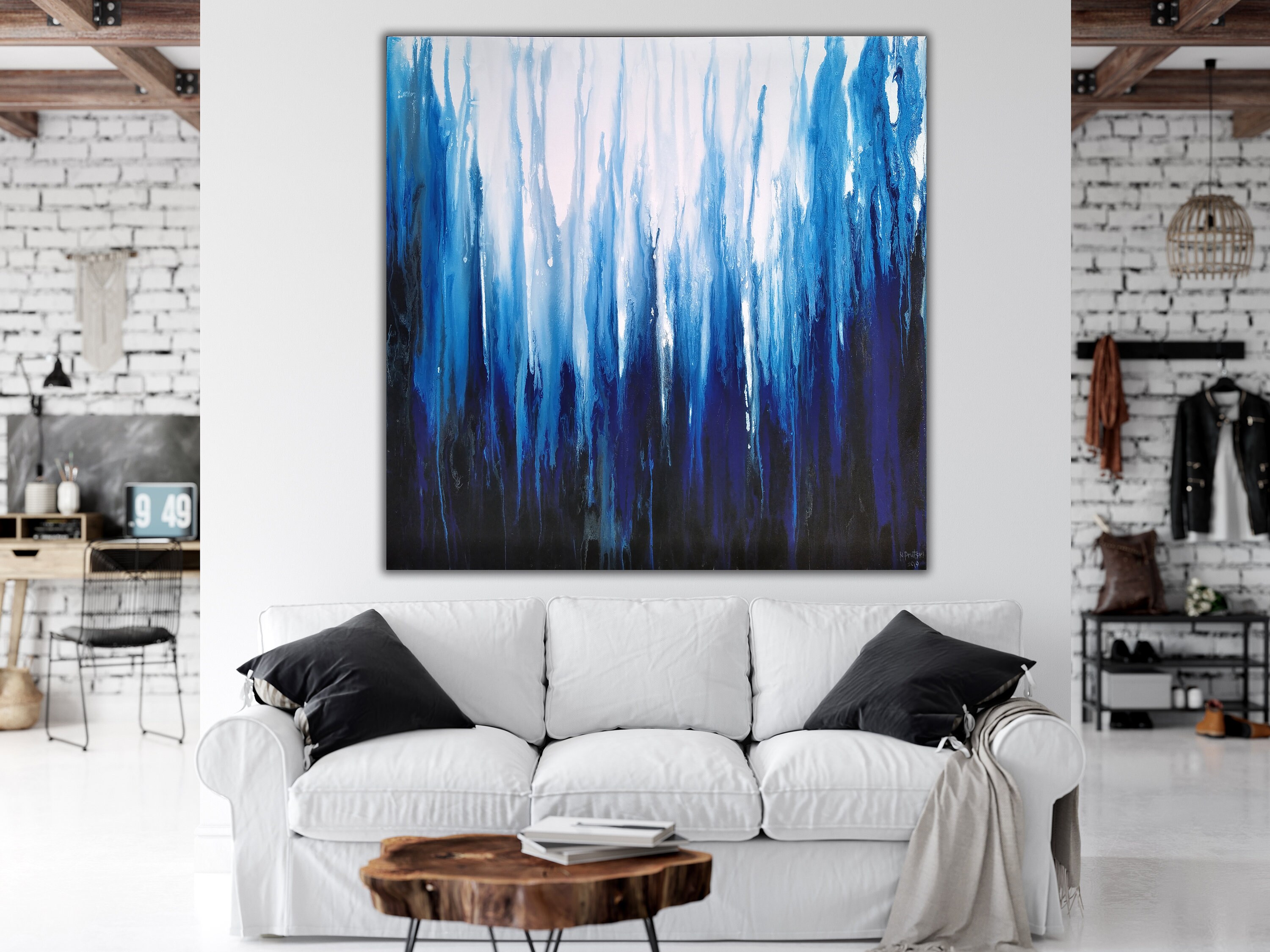 48x48 framed in a silver floater frame ORIGINAL Indigo Blue