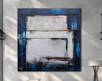 BLUE ABSTRACT PAINTING XLarge Canvas Art Original Art Oversized Painting Acrylic on Canvas Indigo Abstract Industrial Art Minimalist Art