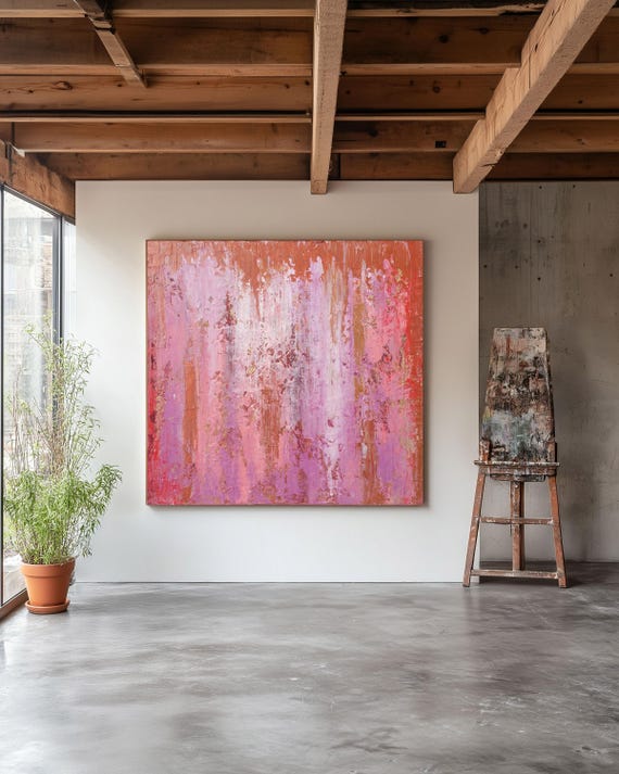 Pink Abstract Oil Painting, Textured Grungy Art, MADE TO ORDER