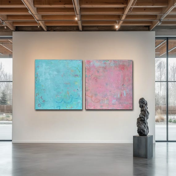 Original Abstract Painting Diptych, Pink, Blue, Green Abstract Art