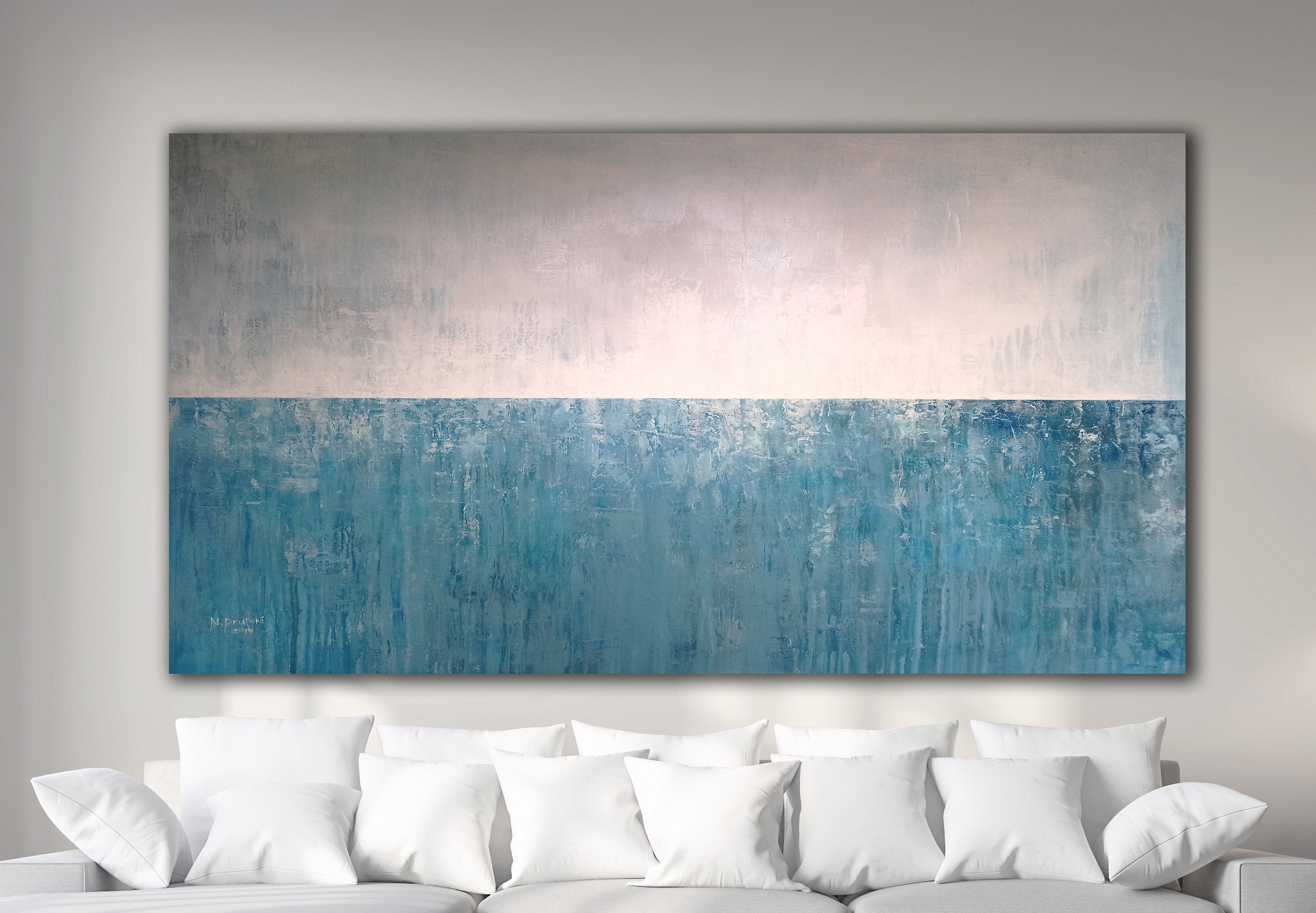 Minimalist Painting, Beach Wall Art, Turquoise Abstract Canvas