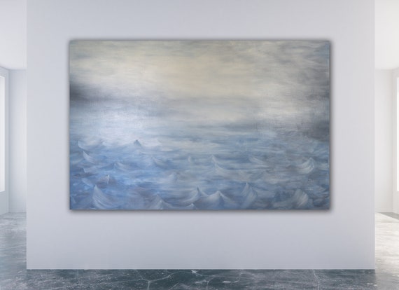 76"x50" ORIGINAL ABSTRACT PAINTING XLarge Canvas Art Minimalist Painting Blue Abstract Oil Painting Gray Abstract White Abstract Seascape