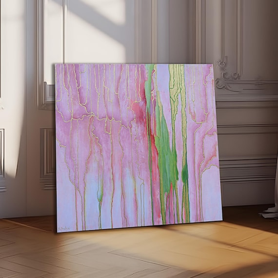 Blush Pink Abstract Painting, Green, Original Acrylic on Canvas Art 30"x30'"