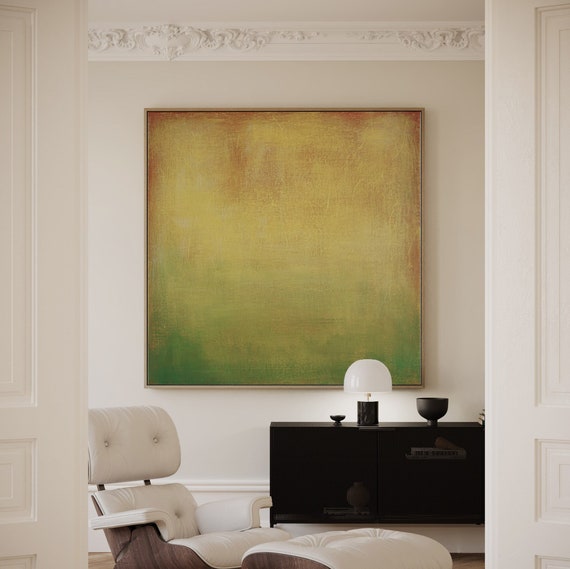 ORIGINAL GREEN ABSTRACT, Minimalist Painting, Green Yellow Abstract Acrylic Painting, Sunset