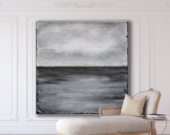 XLarge Abstract Seascape Painting, Indigo Blue Minimalist Art