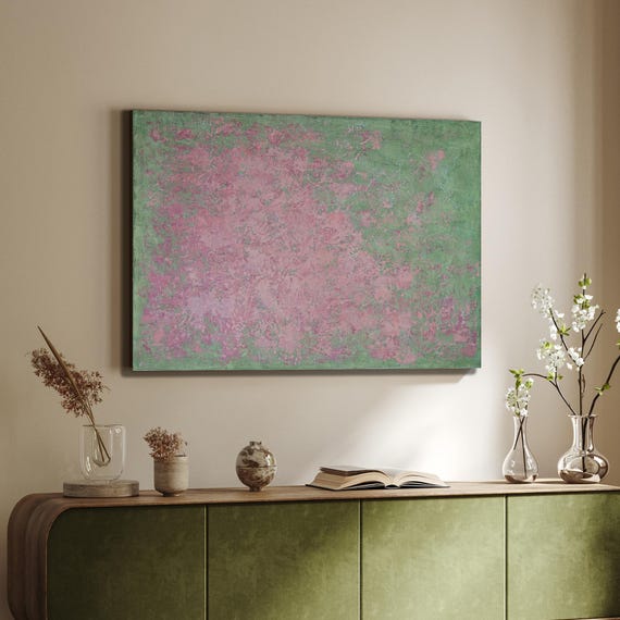 Pink Green Abstract Painting on Canvas, Textured Acrylic Art 40"x30"