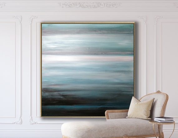 ORIGINAL ABSTRACT SEASCAPE Painting XLarge Canvas Art Blue Abstarct Minimalist Art Teal Abstract Modern Art Acrylic on Canvas Coastal Art