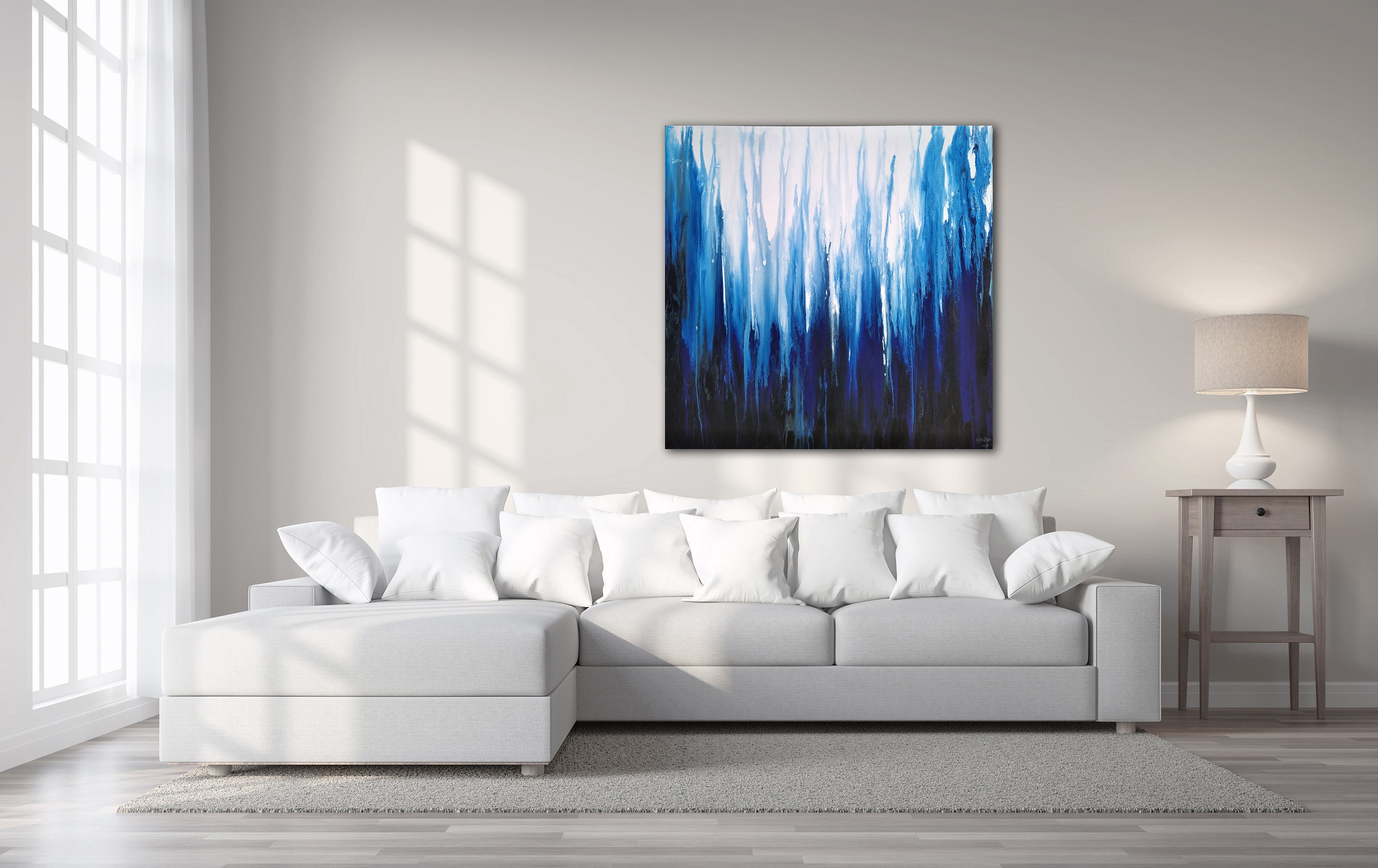 48x48 framed in a silver floater frame ORIGINAL Indigo Blue