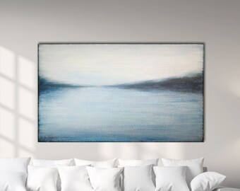 XLarge Abstract Seascape Painting, Indigo Blue Minimalist Art
