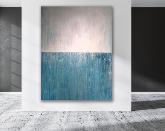 BLUE ABSTARCT SEASCAPE  XLarge Canvas Art Beach Painting Blue White Abstarct Original Painting Industrial Art Minimalist Art Custom Art