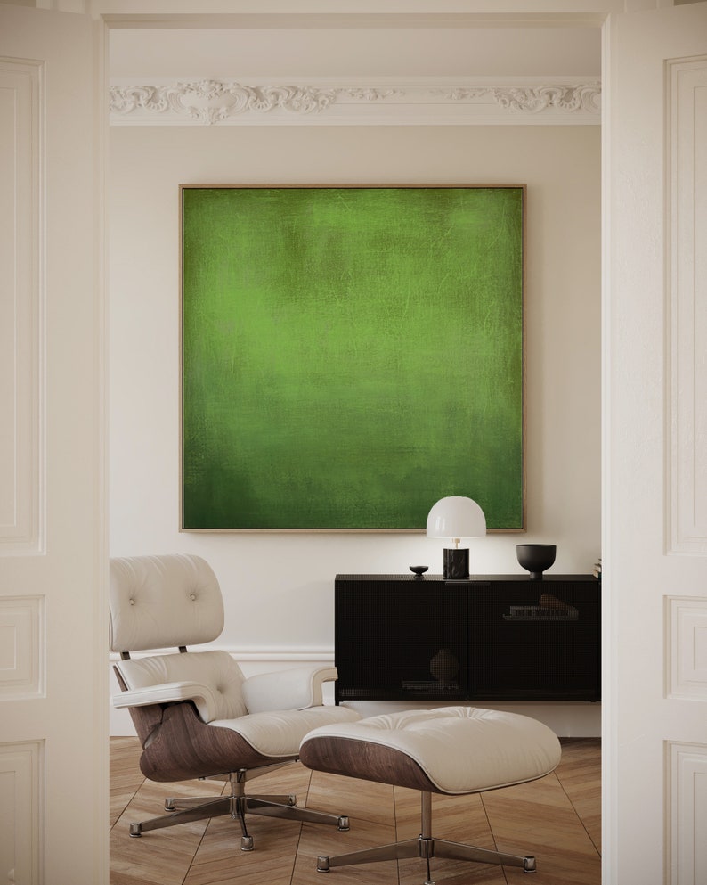 ORIGINAL GREEN ABSTRACT, Minimalist Painting, Green Yellow Abstract Acrylic Painting, Sunset image 6