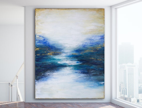 Original Abstract Art  XLarge Canvas Art Large Painting Blue White Abstarct Original Painting  Industrial Art Minimalist Art Custom Art