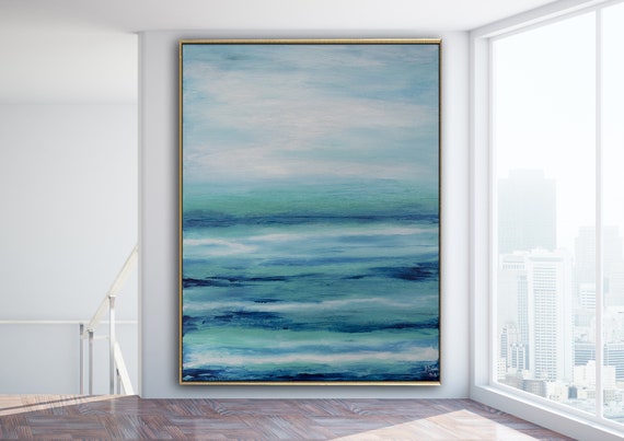 ABSTRACT SEASCAPE Painting XLarge Canvas Art Original Painting, Blue Abstract Lanscape, Beach Art Custom Painting