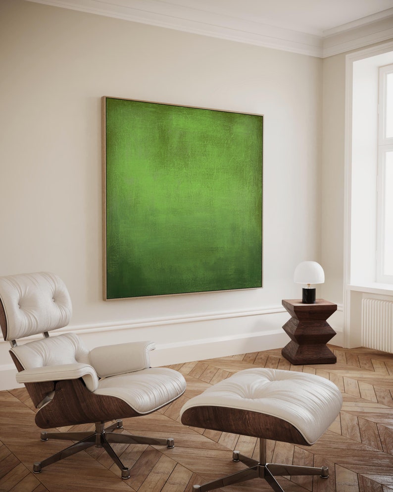 ORIGINAL GREEN ABSTRACT, Minimalist Painting, Green Yellow Abstract Acrylic Painting, Sunset image 3