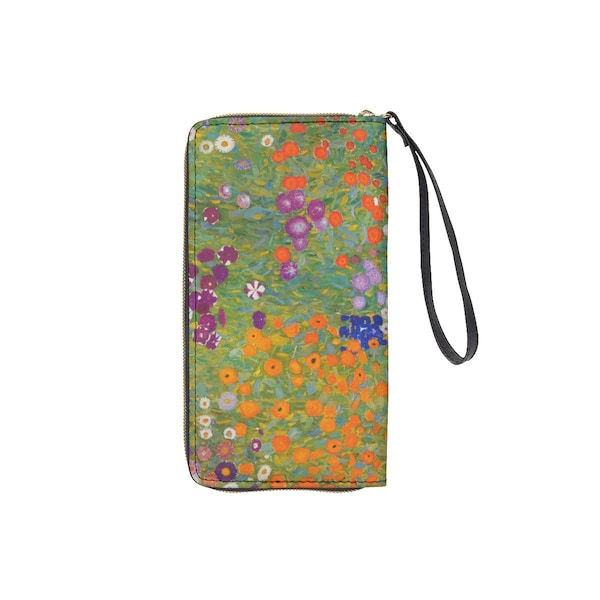 Flowery Gustav Klimt Floral Painting Wristlet | Fine Art Unique Pocketbook | Ladies Wrist Purse | Woman's Vegan Leather Wallet Hand Strap