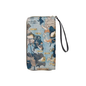 Samaria kämpfende Frösche | Japanischer Blockdruck Kunstgriff | Fine Art Brieftasche | Einzigartiges Taschenbuch | Geldbörse | Lange Geldbörse mit schwarzer Handschlaufe
