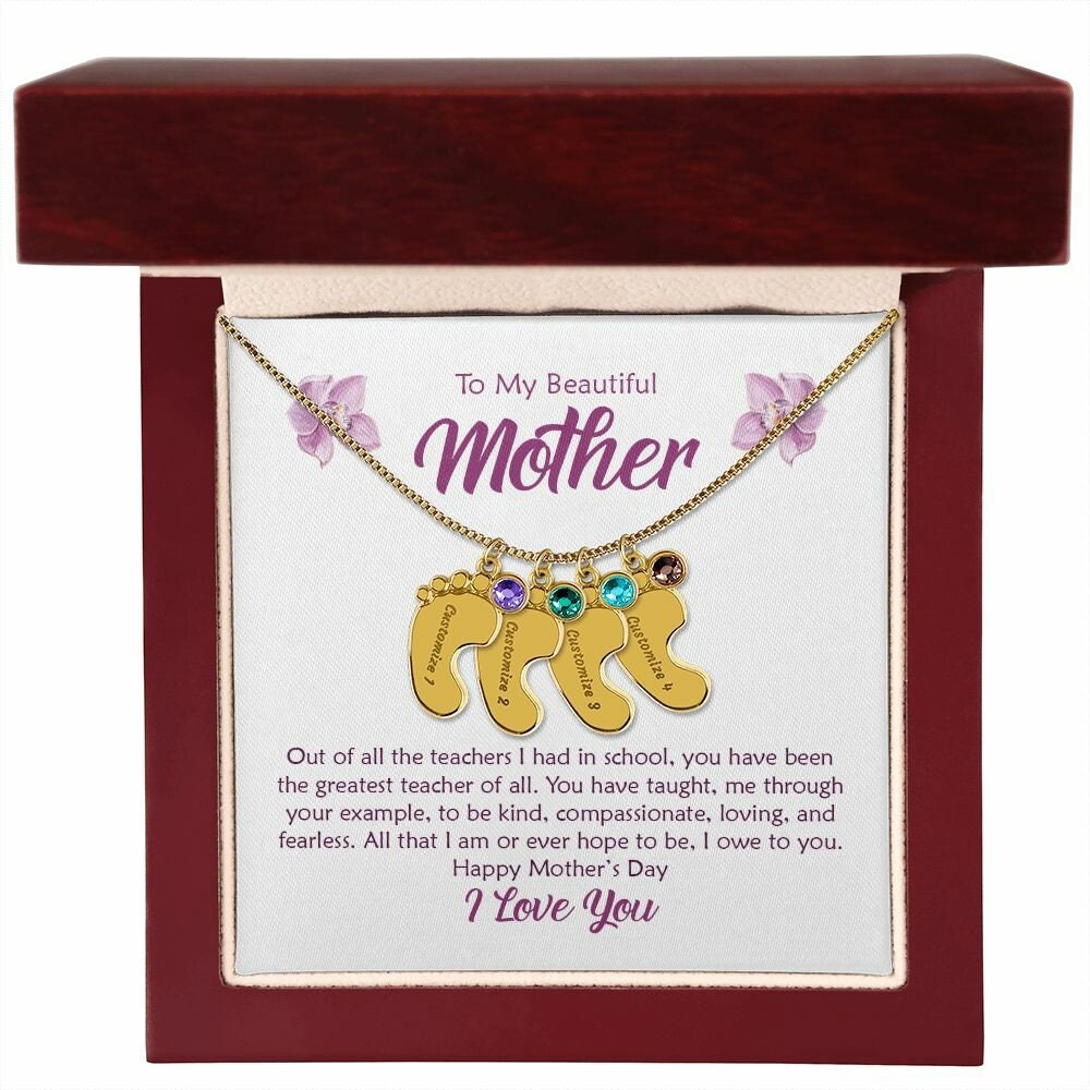 Personalized Baby Feet Birth Stone Pendant for Mother's Day w/ Message Card | Gift Ready to Give Mom | Multiple Feet for Multiple Children