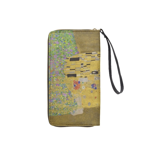 Gustov Klimt The Kiss Gold Era Wristlet | Fine Art Billfold | Unique Pocketbook | Woman's Wrist Purse | Ladies Wallet W Black Hand Strap