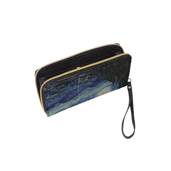 Vincent Van Gosh Starry Night Wristlet | Fine Art Billfold | Unique Pocketbook | Woman's Wrist Purse | Ladies Long Wallet W Black Hand Strap