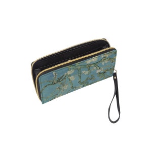 Vincent Van Gogh (Vango) Impugnatura artistica al mandorlo in fiore / Portafoglio Bloom Fine Art / Portafoglio unico / Borsa / Portafoglio lungo con cinturino da polso nero