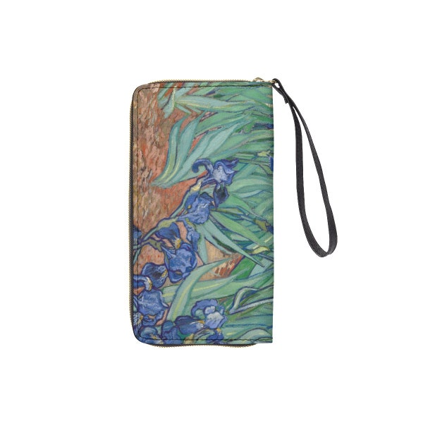 Van Gogh Irises Wristlet | Fine Art Billfold | Unique Pocketbook | Ladies Wrist Purse | Woman's Wallet W Black Hand Strap | Vegan Leather