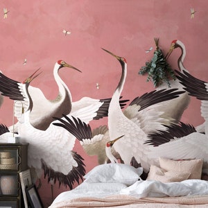 Heron Print Wallpaper, Removable Peel and Stick Mural, Japanese Crane Chinoiserie Inspired Crane Wallpaper, Temporary Self Adhesive Herons