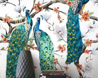 Papier peint motif paon - Papier peint amovible - Papier peint vintage arbres et oiseaux - Autocollant mural exotique - Papier peint tropical